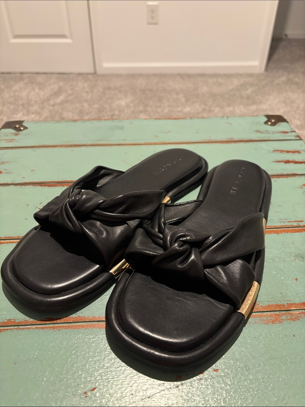 NWOT Coach Black Knotted Leather Slide Sandals with Gold Accents - Women